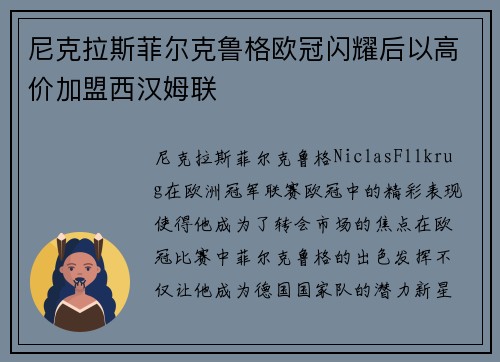 尼克拉斯菲尔克鲁格欧冠闪耀后以高价加盟西汉姆联 尼克拉斯菲尔克鲁格欧冠闪耀后以高价加盟西汉姆联